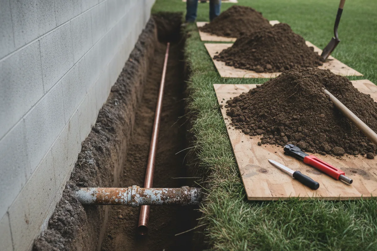 Excavated water line trench during Sewer Line Repair in Berne